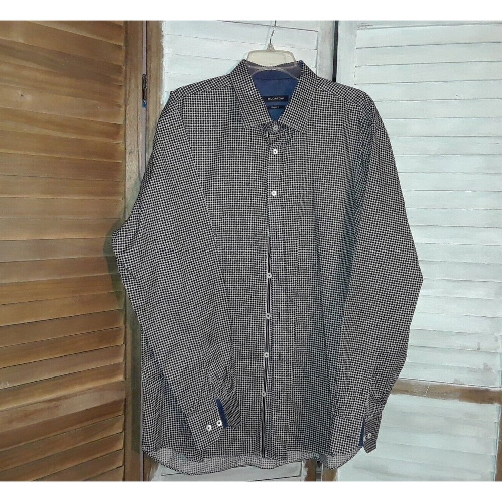 BUGATCHI Men's Button Down Shirt Size XXL SHAPED FIT Gingham Red Pin Stripes